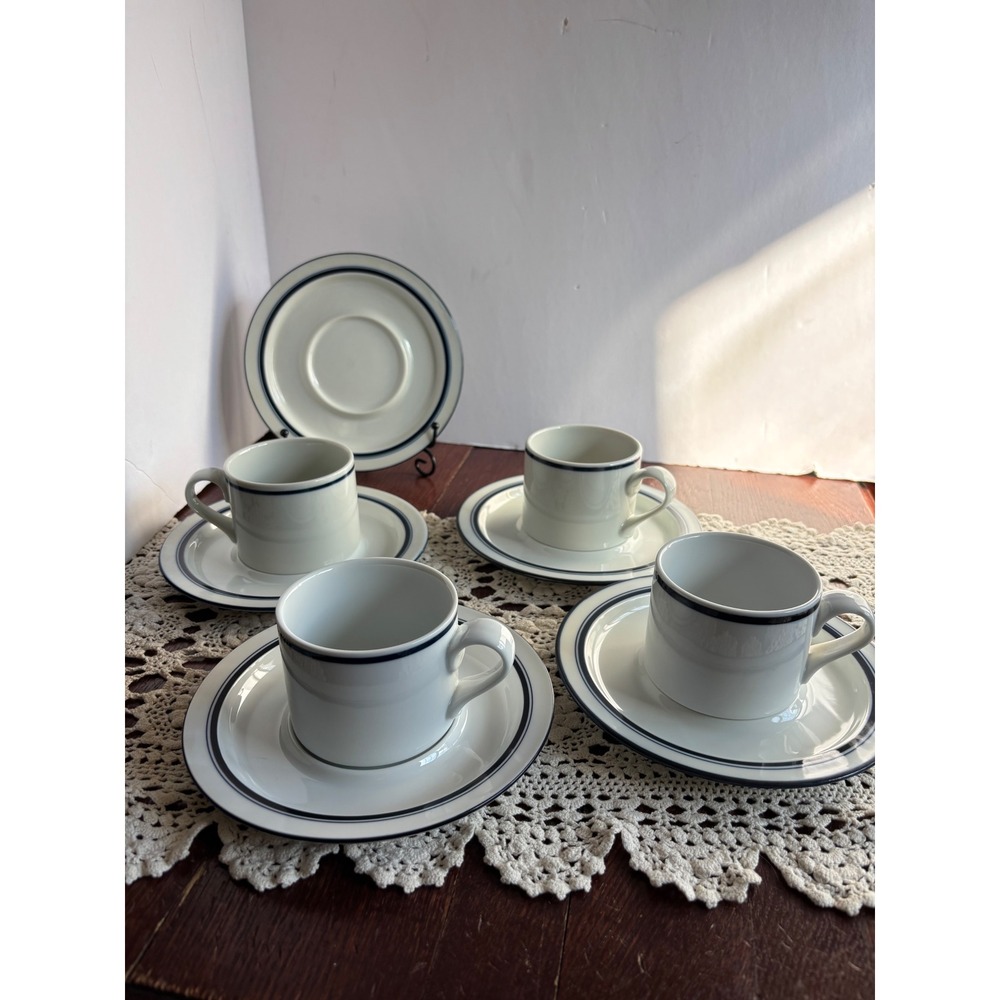 Dansk Bistro Christianshavn Blue Cup and Saucer Set 4 Cups 5 Saucers Porcelain